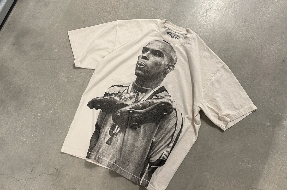 Ronaldo R9 vintage shirt with black and white portrait graphic of Brazil striker Ronaldo Nazario